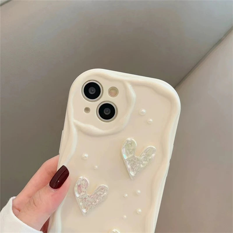 Korean 3D Pearl Love Heart Silicone Phone Case For iPhone 11 14 13 12 Pro Max 8 7 Plus SE 2022 XS MAX XR X Shockproof Soft Cover