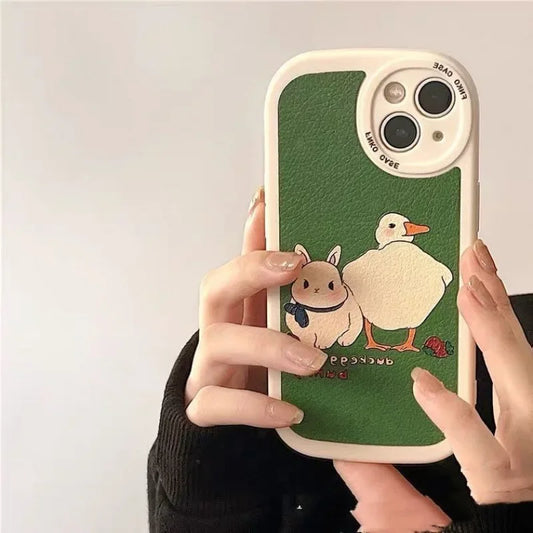 Cute Duck Rabbit Phone Case For iPhone 16 15 14 13 12 11 Pro Max Mini X XS XR 7 8 Plus SE Korean Green Leather