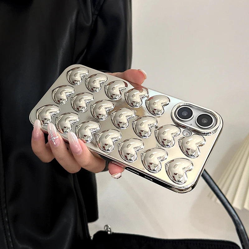 Simple Stylish Silver Love Heart Phone Case For iPhone 11 12 13 14 15 16 Pro Max Glossy TPU Protective Back Cover