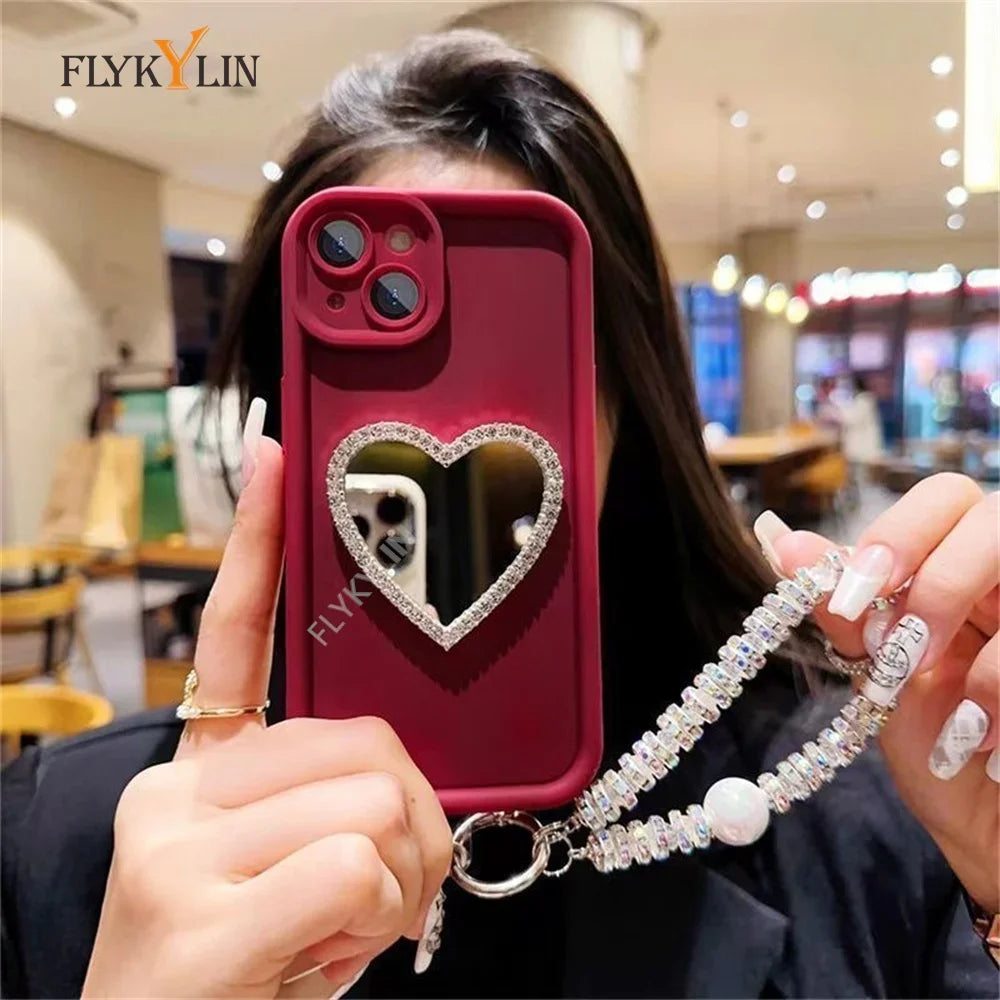 Love Heart Diamond Mirror Phone Case For Xiaomi Redmi Note 14 13 12 Pro 5G 12S 9S 10S 11 11S Pro Soft Silicone With Bracelet