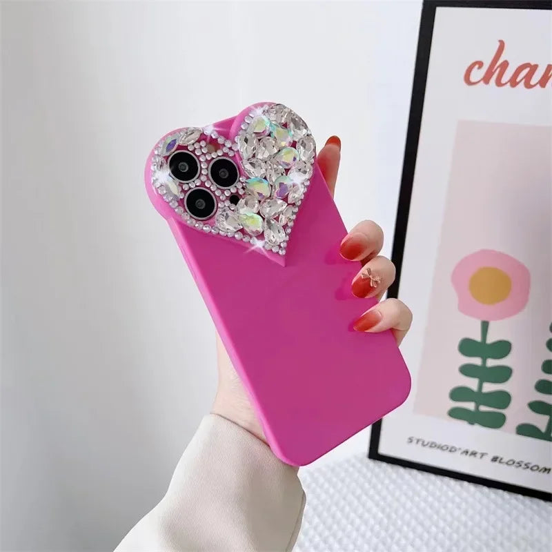 Love Heart Rhinestone Protect Lens Phone Case For IPhone 16 15 14 13 12 Pro Xs Max TPU Shockproof Back Cover