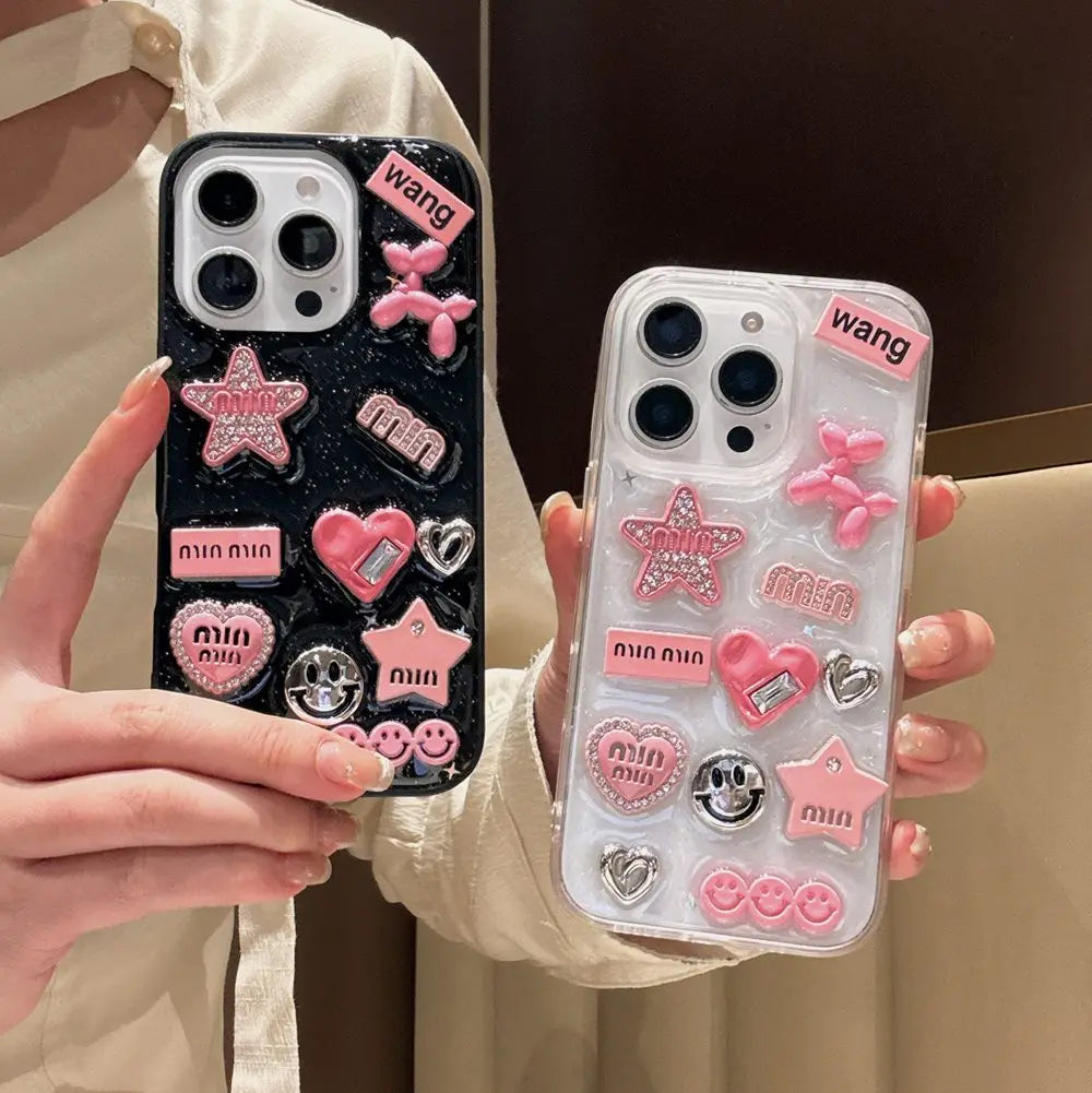 Cute 3D Love Heart Y2K Star Spicy Girl Phone Case For iPhone 15 14 13 11 12 Pro Max Epoxy Transparent Soft Shockproof Cover