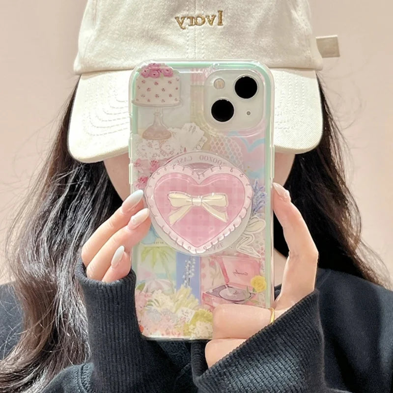 Magnetic Heart Arc Phone Grip Stand for IPhone 15 16 17  Magsafe Wireless Charging Case Holder Korean Cute Design