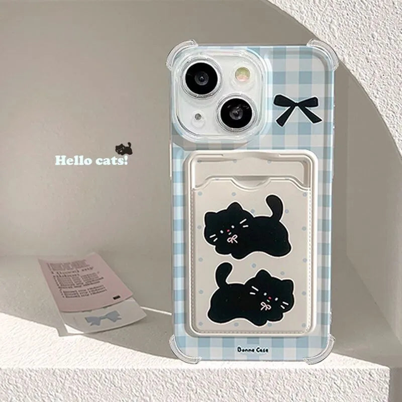 Cute Black Cat Phone Case For IPhone 17 16 15 14 13 12 Pro Max Plus 12 13 Mini Photo Card Holder Wallet Soft Clear Cover