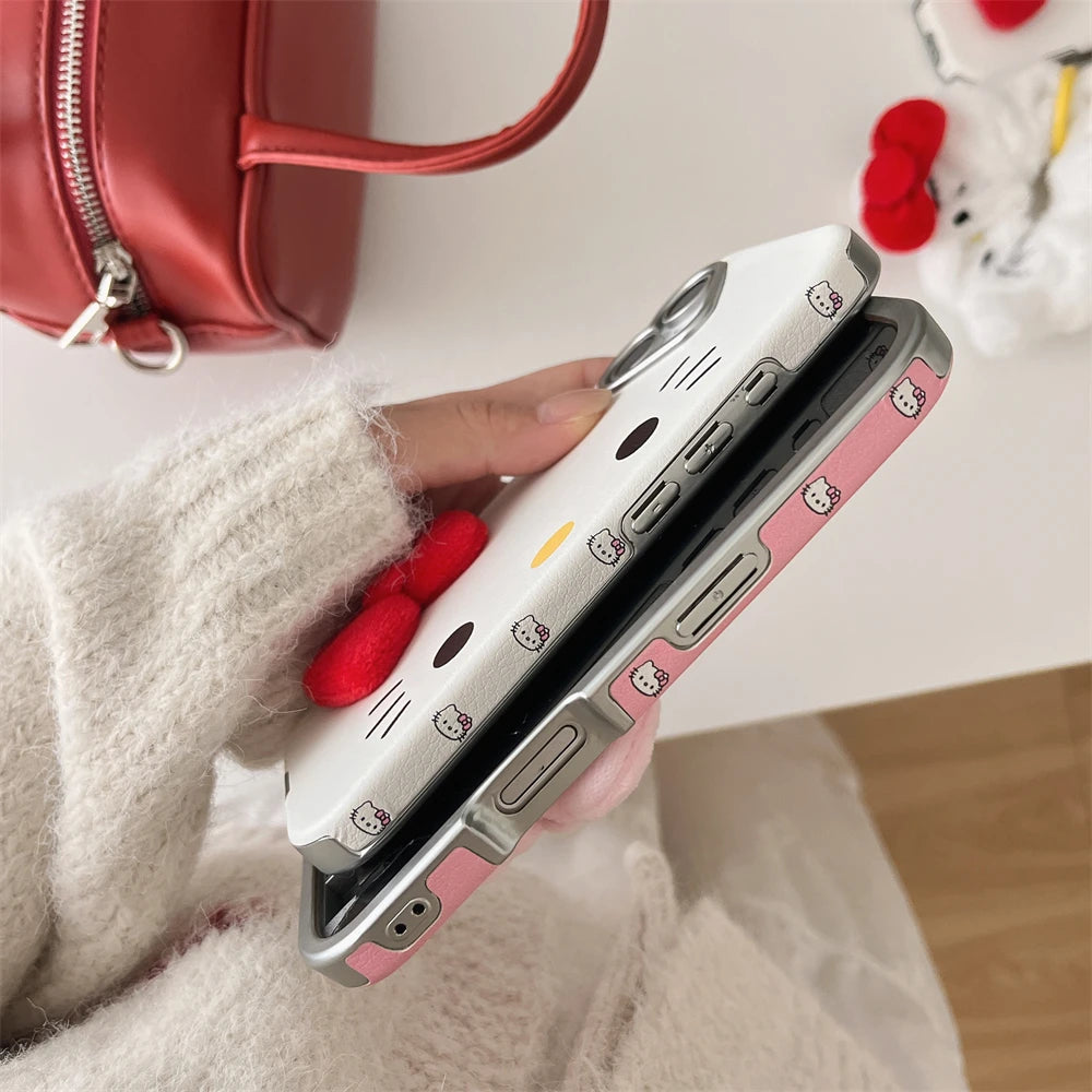 Fashion Cute Hello Kitty Pattern Horizontal Phone Case For iPhone 16 15 14 Pro Max 12 13 Cartoon Leather Plating Frame PC Cover