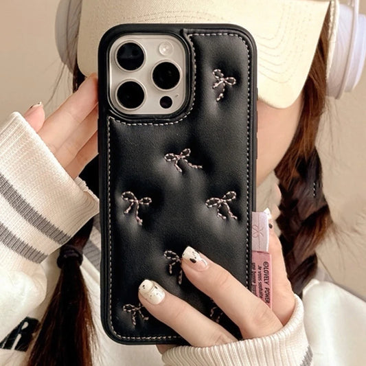 Luxury Stylish Embroidery Bowknot Leather Soft Phone Case For iphone 16 15 14 13 Pro Max Autumn Fashion Shockproof Back Cover