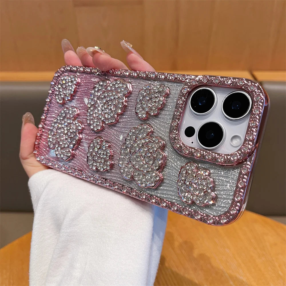 Fashion 3D Diamond Rose Phone Case for iPhone 16 15 14 13 Pro Max 16 Plus Bling Shiny Gradient Shockproof TPU Soft Cover